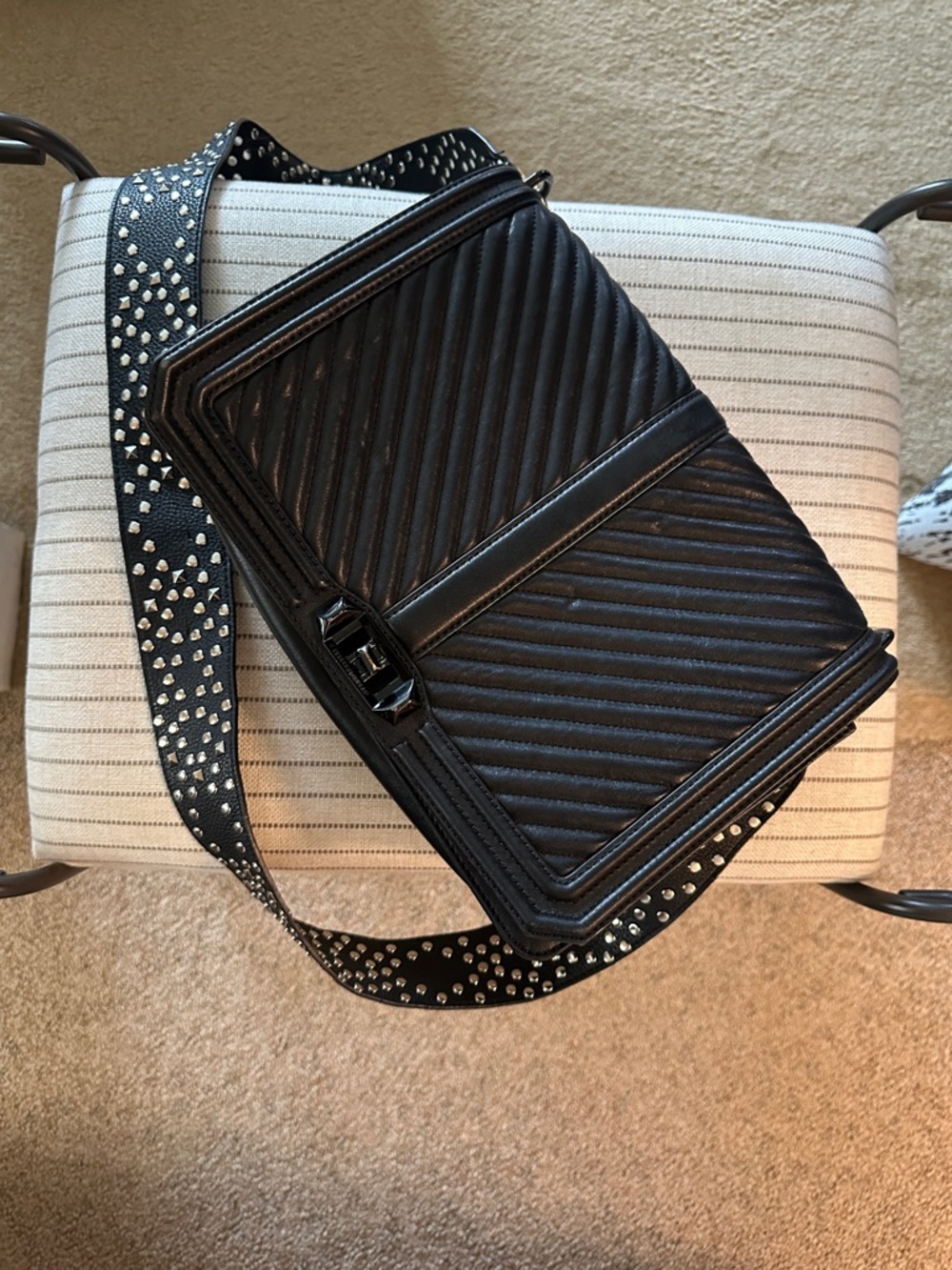 Rebecca Minkoff Black Quilted Chevron Crossbody with Studded Strap